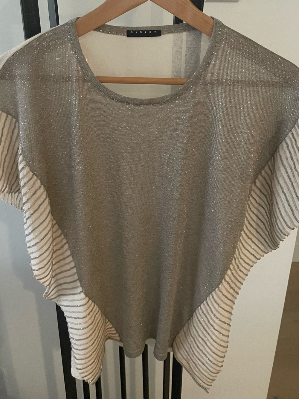 Sisley Shimmer Taupe Knit Tunic with Cream Striped Ruffle Sleeves